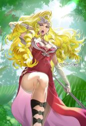 Rule 34 | 1girl, blonde hair, breasts, dress, drill hair, earrings, holding, holding weapon, indesign, jewelry, large breasts, long hair, looking at viewer, medium breasts, nail polish, open mouth, protagonist (romancing saga 2), red dress, romancing saga 2, saga, side slit, solo, weapon