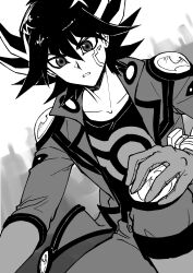 Rule 34 | 1boy, absurdres, black hair, boots, city, cityscape, elbow gloves, facial mark, facial tattoo, from below, fudo yusei, gloves, greyscale, hand on own knee, high collar, highres, jacket, knee boots, knee pads, kneeling, male focus, marking on cheek, monochrome, multicolored hair, open clothes, open jacket, outdoors, pants, parted lips, shirt, short hair, shoulder pads, simple background, solo, spiked hair, streaked hair, tattoo, youko-shima, yu-gi-oh!, yu-gi-oh! 5d&#039;s