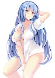Rule 34 | 1girl, arm behind head, arm up, blue eyes, blue hair, blush, breasts, cleavage, collarbone, collared shirt, commentary request, cucchiore, dress shirt, emori miku, hair ornament, highres, large breasts, liver city, long hair, looking at viewer, naked shirt, open clothes, open shirt, parted lips, see-through, shirt, short sleeves, simple background, solo, thighs, very long hair, white background, white shirt