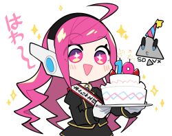 Rule 34 | + +, 1girl, ahoge, black jacket, blush, cake, chibi, food, gloves, hat, headphones, holding, jacket, long hair, mzh, open mouth, party hat, pink eyes, pink hair, rasis, simple background, sound voltex, sparkle, white background, white gloves