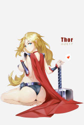 Rule 34 | 1girl, absurdres, animification, artist name, ass, avengers (series), barefoot, blonde hair, blue eyes, breasts, cape, character name, closed mouth, from behind, full body, genderswap, genderswap (mtf), hammer, hand on hilt, head tilt, heart, highres, ili, large breasts, light smile, long hair, looking at viewer, looking back, marvel, red cape, simple background, sitting, solo, spoken heart, symbol-shaped pupils, thor (marvel), v-shaped eyebrows, very long hair, white background