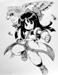 Rule 34 | 1girl, ainu clothes, breasts, fingerless gloves, gloves, hair ribbon, highres, legs, long hair, mamahaha, monochrome, nakoruru, pants, ribbon, samurai spirits, serious, small breasts, snk, solo, the king of fighters, thighs, traditional media