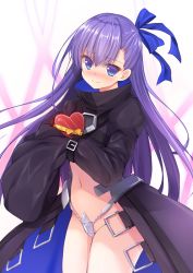 Rule 34 | 10s, 1girl, black coat, blue bow, blue ribbon, blush, bow, box, closed mouth, coat, commentary request, crotch plate, fate/extra, fate/extra ccc, fate/grand order, fate (series), gift, gift box, hair between eyes, hair bow, hair ribbon, heart-shaped box, holding, holding gift, juliet sleeves, long hair, long sleeves, looking at viewer, meltryllis (fate), navel, nose blush, open clothes, open coat, puffy sleeves, purple eyes, purple hair, rennkuu, revealing clothes, ribbon, sleeves past fingers, sleeves past wrists, solo, valentine, very long hair