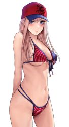 Rule 34 | 1girl, applekun, arms behind back, bare arms, bare legs, baseball cap, bikini, blue eyes, blush, breasts, earrings, fate/grand order, fate (series), flag print, front-tie bikini top, front-tie top, hair between eyes, halterneck, hat, highres, jewelry, long hair, looking at viewer, medium breasts, miyamoto musashi (fate), multiple straps, navel, out of frame, pink hair, simple background, solo, star (symbol), star print, string bikini, striped bikini, striped clothes, swimsuit, two-tone headwear, underboob, white background
