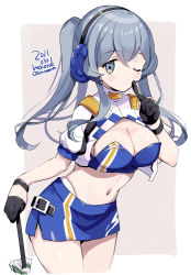 Rule 34 | 1girl, bandeau, black gloves, blue bandeau, blue eyes, blue hair, blush, breasts, cleavage, closed mouth, cowboy shot, cropped jacket, dated, gloves, gotland (kancolle), hair between eyes, headphones, jacket, kantai collection, large breasts, long hair, mole, mole under eye, navel, odawara hakone, one-hour drawing challenge, one eye closed, race queen, smile, solo, twitter username, white jacket