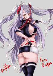 Rule 34 | 1girl, artist name, ass, azur lane, belt, black thighhighs, breasts, character name, checkered flag, clothing cutout, cropped shirt, earpiece, flag, gloves, half gloves, headgear, highres, jacket, kuga zankurou, large breasts, light purple hair, long hair, looking at viewer, looking back, mole, mole on breast, multicolored hair, official alternate costume, panties, panty straps, prinz eugen (azur lane), prinz eugen (final lap) (azur lane), purple jacket, race queen, red hair, red panties, solo, streaked hair, thighhighs, two-tone hair, two-tone skirt, underboob, underboob cutout, underwear, very long hair, white belt, yellow eyes