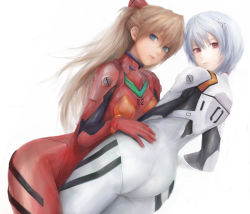 Rule 34 | 2girls, ass, ayanami rei, bad id, bad pixiv id, blonde hair, blue eyes, blue hair, bodysuit, breasts, breasts apart, brown hair, cowboy shot, dutch angle, half updo, headgear, highres, impossible bodysuit, impossible clothes, interface headset, legs together, long hair, looking at viewer, looking back, miche, multiple girls, neon genesis evangelion, parted lips, plugsuit, realistic, red bodysuit, red eyes, short hair, simple background, skin tight, skinny, small breasts, souryuu asuka langley, twisted neck, white background, white bodysuit, yuri