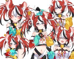 Rule 34 | 1girl, animal ears, bare shoulders, black gloves, collar, crop top, dice hair ornament, gloves, hair ornament, hakos baelz, heart, heart hands, highres, holocouncil, hololive, hololive english, inapple, looking at viewer, midriff, mouse ears, mouse girl, multiple views, off-shoulder shirt, off shoulder, shirt, single glove, spiked collar, spikes, strapless, strapless shirt, virtual youtuber