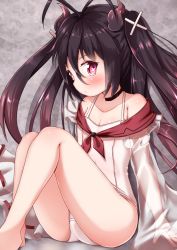 Rule 34 | 1girl, antenna hair, azur lane, bare legs, bare shoulders, barefoot, black hair, blush, brown hair, closed mouth, commentary request, curled horns, female focus, gradient hair, hair between eyes, hair ornament, highres, horns, i-168 (azur lane), knees up, long sleeves, looking at viewer, mochiyuki, multicolored hair, neckerchief, off shoulder, one-piece swimsuit, red eyes, red neckerchief, ribbon-trimmed sleeves, ribbon trim, school swimsuit, see-through, see-through sleeves, sitting, sleeves past fingers, sleeves past wrists, solo, swimsuit, symbol-shaped pupils, two side up, white one-piece swimsuit, wide sleeves, x hair ornament