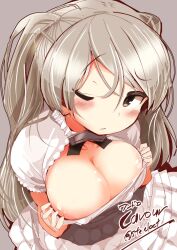 Rule 34 | 1girl, armpit cutout, blush, breasts, brown eyes, cleavage cutout, clothing cutout, conte di cavour (kancolle), conte di cavour nuovo (kancolle), corset, dress, frilled dress, frills, grey dress, grey hair, highres, kantai collection, large breasts, layered dress, long hair, long sleeves, nijou katame, one eye closed, solo, two-tone dress, two side up, white dress