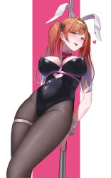 Rule 34 | 1girl, absurdres, animal ears, black leotard, black pantyhose, breasts, clothing cutout, cuffs, detached collar, earrings, fake animal ears, handcuffs, heart cutout, highres, hololive, hololive dev is, ichijou ririka, jewelry, large breasts, leotard, long hair, looking at viewer, open mouth, orange eyes, orange hair, pantyhose, playboy bunny, pole, rabbit ears, rabbit hole (vocaloid), solo, steelball (jwk76806995), stripper pole, twintails, virtual youtuber