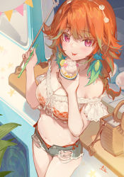 Rule 34 | 1girl, :p, akizero1510, bare shoulders, bikini, bikini under clothes, blush, breasts, choker, cowboy shot, cup, earrings, feather earrings, feathers, food, food on face, highres, holding, holding cup, holding food, hololive, hololive english, ice cream, jewelry, large breasts, long hair, looking at viewer, micro shorts, midriff, nail polish, orange hair, orange nails, purple eyes, see-through, shorts, signature, solo, standing, string of flags, swimsuit, takanashi kiara, takanashi kiara (casual), tongue, tongue out, torn clothes, torn shorts, virtual youtuber, white choker