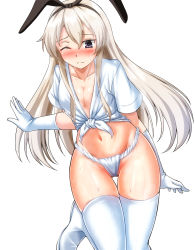 Rule 34 | 1girl, alternate costume, animal ears, blonde hair, blush, boots, breasts, rabbit ears, closed mouth, elbow gloves, fundoshi, gloves, grey eyes, headband, highres, japanese clothes, kantai collection, long hair, navel, one eye closed, panties, shimakaze (kancolle), simple background, small breasts, solo, sweatdrop, thigh boots, thighhighs, underwear, white background, white gloves, white panties, zanntetu