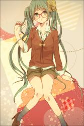 1girl bad_id bad_pixiv_id bespectacled bow female_focus glasses green_eyes green_hair hair_bow hatsune_miku head_tilt high_heels highres legs long_hair matching_hair/eyes nigoru open_mouth shoes shorts sitting socks solo striped_clothes striped_socks twintails very_long_hair vocaloid