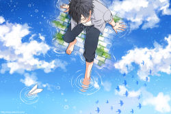 Rule 34 | 1boy, barefoot, bird, black hair, blouse, closed eyes, cloud, collarbone, collared shirt, day, from above, gradient background, grey shirt, hishi (k-xaby), male focus, open clothes, open shirt, original, paper, paper airplane, reflection, shirt, sitting, sleeves rolled up, soaking feet, solo, surreal, wading, water, watermark, web address