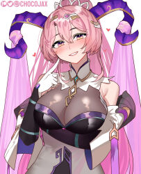 Rule 34 | 1girl, arm under breasts, artist name, bare shoulders, black dress, breasts, chocojax, cleavage, detached sleeves, dress, finger to cheek, fire emblem, fire emblem heroes, gloves, goat horns, grabbing own arm, heart, high ponytail, highres, horns, jewelry, large breasts, looking at viewer, necklace, nerthuz (fire emblem), nintendo, parted lips, pink hair, pink lips, ponytail, purple horns, see-through, see-through cleavage, shawl, smile, solo, tiara, tooth necklace, upper body, watermark, white gloves