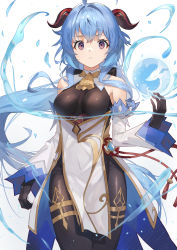 Rule 34 | 1girl, :&lt;, absurdres, ahoge, arm at side, bare shoulders, bell, black gloves, black pantyhose, blue hair, bodystocking, breasts, breasts apart, closed mouth, cowboy shot, detached sleeves, floating, floating object, flower knot, ganyu (genshin impact), genshin impact, gloves, hand up, highres, horns, long hair, long sleeves, looking at viewer, medium breasts, orb, pantyhose, purple eyes, red ribbon, ribbon, simple background, solo, taht (that is mm), thighlet, very long hair, water, white background