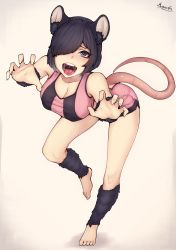 Rule 34 | 1girl, :d, absurdres, animal ear fluff, animal ears, artist name, bare arms, bare legs, bare shoulders, barefoot, black eyes, black fur, black hair, breasts, claw pose, clothing cutout, collarbone, commentary, commission, dellu (geenymous), dolphin shorts, english commentary, fang, foreshortening, full body, fur, gradient background, hair over one eye, highres, large mouse (monster girl encyclopedia), leaning forward, looking at viewer, medium breasts, meolucky147, monster girl, monster girl encyclopedia, mouse ears, mouse girl, mouse tail, open mouth, original, saliva, short hair, short shorts, shorts, signature, simple background, smile, solo, tail, tail through clothes, tank top, teeth, tongue, upper teeth only, white background