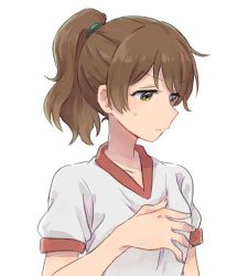 Rule 34 | 10s, 1girl, bad id, bad pixiv id, brown eyes, brown hair, close-up, eyebrows, gym uniform, hand on own chest, hibike! euphonium, long hair, looking away, looking down, musshu (omu001), oumae kumiko, ponytail, shadow, short ponytail, short sleeves, solo, sweatdrop, upper body