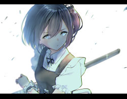 Rule 34 | 1girl, black hair, blue eyes, blush, closed mouth, commentary request, fighting stance, hair between eyes, holding, holding sword, holding weapon, katana, letterboxed, long hair, maid, one side up, original, puffy short sleeves, puffy sleeves, ready to draw, shirt, short hair, short sleeves, solo, suzunari shizuku, sword, weapon, yuki arare