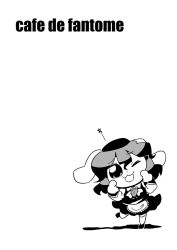 Rule 34 | 1girl, :3, animal ears, bkub, carrot, english text, female focus, french text, greyscale, hat, inaba tewi, monochrome, one eye closed, rabbit ears, simple background, solo, star (symbol), touhou, wink