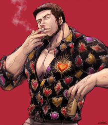 Rule 34 | 1boy, alcohol, bags under eyes, bara, beard, beer, beer can, belt, brown belt, brown eyes, brown hair, can, cigarette, collared shirt, drink can, facial hair, holding, judge eyes, kaito masaharu, large pectorals, long sideburns, looking at viewer, male focus, mature male, muscular, muscular male, nishi yukari, patterned clothing, pectoral cleavage, pectorals, scar, scar on face, shirt, short hair, sideburns, smoking, solo