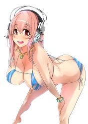 Rule 34 | 1girl, ass, bare shoulders, barefoot, bent over, between buttocks, bikini, blush, bracelet, breasts, butt crack, cleavage, hanging breasts, headphones, highres, jewelry, large breasts, long hair, navel, necklace, nitroplus, niu ju (orange bull), open mouth, otzer, pink hair, red eyes, shiny skin, side-tie bikini bottom, skindentation, smile, solo, super sonico, swimsuit