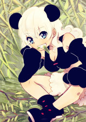 Rule 34 | 1girl, animal ears, bad id, bad pixiv id, bamboo, bare shoulders, blonde hair, bloomers, blue eyes, boots, commentary request, detached sleeves, grin, indian style, looking at viewer, original, panda ears, personification, rawan, sitting, sleeves past wrists, smile, solo, underwear, wide sleeves