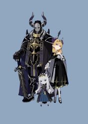 Rule 34 | 1boy, 2girls, absurdres, arrow (projectile), black cape, black dress, black footwear, blonde hair, blue background, blue eyes, bow (weapon), cape, child, colored skin, cordula (okame nin), crown, dress, hand on hilt, hand on own chest, high heels, highres, holding, holding arrow, holding bow (weapon), holding weapon, horns, long dress, long hair, looking at viewer, mana matitia (okame nin), mask, multiple girls, no mouth, okame nin, original, pantyhose, parted lips, planted, planted sword, planted weapon, purple eyes, shaded face, simple background, sword, two-sided cape, two-sided fabric, urushia (okame nin), weapon, white cape, white hair, white legwear, white skin