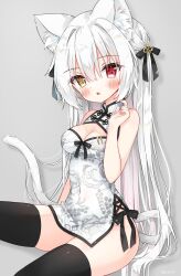 Rule 34 | 1girl, animal ear fluff, animal ears, arm up, black thighhighs, blush, breasts, cat day, cat ears, cat girl, cat tail, china dress, chinese clothes, cleavage, cleavage cutout, clothing cutout, dress, grey background, heterochromia, highres, long hair, looking at viewer, open mouth, original, ribbon, short dress, simple background, sitting, sleeveless, sleeveless dress, solo, tail, thighhighs, thighs, very long hair, white dress, white hair, yukine