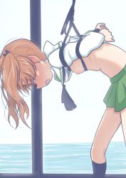 Rule 34 | 1girl, arms behind back, bdsm, bent over, black bow, black neckwear, blush, bondage, bound, bound arms, bow, breast bondage, breasts, brown hair, clothes lift, female focus, from side, girls und panzer, green skirt, hair bow, highres, kadotani anzu, nipples, open mouth, pero (gessoyo), profile, rope, school uniform, shibari, shirt lift, skirt, small breasts, socks, solo, sweat, twintails
