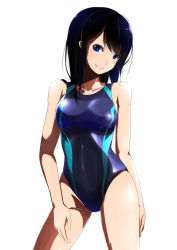 Rule 34 | 1girl, black hair, blue eyes, competition swimsuit, derivative work, grin, long hair, looking at viewer, one-piece swimsuit, original, pon (shind 997), simple background, smile, solo, standing, swimsuit, white background