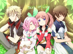 Rule 34 | 2boys, 2girls, allen (tales), blush, brown hair, closed eyes, commentary request, day, detached sleeves, flower, green ribbon, hair ribbon, head rest, head tilt, kana (tales), leaning on person, lippy (tales), long hair, looking at viewer, mitsuki meia, multiple boys, multiple girls, namco, outdoors, pink hair, purple eyes, ribbon, sara (tales), side-by-side, sitting, sleeping, sleeping on person, smug, tales of (series), tales of link, zephyr (tales)