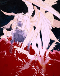 Rule 34 | absurdres, ambiguous red liquid, angel wings, ankle wings, artist name, bisected, black background, blonde hair, blue eyes, completely nude, copyright name, crying, crying with eyes open, dated, death, devilman, devilman (character), devilman crybaby, full body, head wings, highres, kiss, low wings, lying, male focus, multiple wings, nude, ocean, on back, pale skin, satan (devilman), spoilers, tears, tixili, wings, yaoi