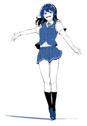 Rule 34 | 1girl, ataru (cha2batake), blue theme, dress shirt, gloves, hair ornament, hairclip, kantai collection, kneehighs, loafers, monochrome, neck ribbon, open mouth, outstretched arms, oyashio (kancolle), pleated skirt, ribbon, shirt, shoes, simple background, skirt, smile, socks, solo, standing, teeth, upper teeth only, vest