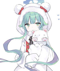 Rule 34 | 1girl, animal hands, ao (mintz), blue archive, bow, closed mouth, coat, fur-trimmed coat, fur trim, gloves, green eyes, green hair, halo, hat, hat bow, hood, hood up, hooded coat, long hair, looking at viewer, momiji (blue archive), paw gloves, red bow, simple background, solo, upper body, white background, white coat, white gloves