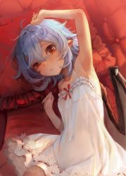 Rule 34 | 1girl, ahoge, arm up, armpits, bare arms, bare shoulders, bat wings, blue hair, blush, breasts, chemise, commentary request, couch, covered navel, cowboy shot, dress, eho (icbm), fang, fang out, from above, hair between eyes, hand up, highres, lying, no headwear, on back, pillow, pointy ears, red eyes, red ribbon, remilia scarlet, ribbon, short hair, small breasts, solo, spaghetti strap, touhou, white dress, wings