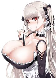 Rule 34 | 1girl, asanagi, azur lane, bare shoulders, between breasts, black dress, blush, breasts, cleavage, dress, earrings, formidable (azur lane), frilled dress, frills, from above, grey hair, hair ornament, hair ribbon, hand up, head tilt, highres, huge breasts, jewelry, long hair, long sleeves, looking at viewer, red eyes, ribbon, simple background, solo, stylus, third-party edit, twintails, upper body, white background