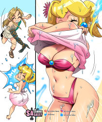 Rule 34 | 1boy, 1girl, absurdres, archaic set (zelda), bikini, bikini under clothes, blonde hair, blue background, breasts, cameltoe, cleavage, cleft of venus, closed eyes, clothes lift, cowboy shot, dress, dress lift, earrings, from above, gradient dress, high heels, highres, jewelry, large breasts, link, long hair, mario (series), nintendo, open mouth, pink bikini, pink dress, pixiv username, ponytail, princess peach, sasa tseng, sleeveless, smile, sphere earrings, standing, strapless, sundress, swimsuit, the legend of zelda, the legend of zelda: tears of the kingdom, twitter logo, undressing, water, wet, wet clothes, white background, white dress, yellow background