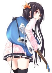Rule 34 | 1girl, bad id, bad pixiv id, black hair, black thighhighs, brown eyes, chm (macharge), electric guitar, guitar, heterochromia, instrument, long hair, looking back, original, simple background, skirt, solo, sweater, thighhighs, twintails, very long hair