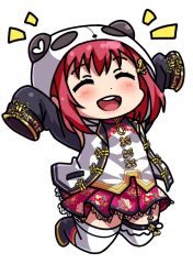 Rule 34 | 1girl, :d, ^ ^, animal hood, arms up, blush, chibi, chinese clothes, closed eyes, commentary request, floral print, full body, heart, hood, hood up, jumping, kurosawa ruby, long sleeves, love live!, love live! school idol festival, love live! sunshine!!, o/, open mouth, outstretched arms, panda hood, pink skirt, print skirt, red hair, simple background, skirt, sleeves past fingers, sleeves past wrists, smile, solo, teeth, thighhighs, upper teeth only, usamaru67pi, white background, white thighhighs