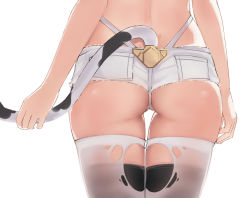 Rule 34 | 1girl, ass, ass focus, black legwear, granblue fantasy, prpr friends, catura (granblue fantasy), short shorts, shorts, simple background, solo, tail, thighhighs under thighhighs, thighs, torn clothes, torn legwear, white background, white legwear, white shorts