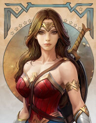 Rule 34 | 1girl, absurdres, armlet, arms at sides, brown eyes, brown hair, circlet, dc comics, highres, kim sung hwan, long hair, looking at viewer, sword, upper body, weapon, weapon on back, wonder woman