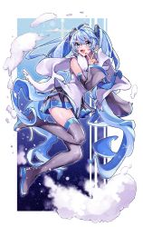 Rule 34 | 1girl, absurdly long hair, absurdres, bare shoulders, blue eyes, blue hair, blue nails, blue necktie, boots, cloud, commentary, detached sleeves, earmuffs, fangs, full body, grey sleeves, grey thighhighs, hair ornament, hand up, hatsune miku, highres, huge filesize, legs up, long hair, looking at viewer, miniskirt, nail polish, necktie, pleated skirt, scarf, shigupon, shirt, silver skirt, skin fangs, skirt, sleeveless, sleeveless shirt, smile, snowflake print, snowflakes, solo, thigh boots, thighhighs, twintails, v, v-shaped eyebrows, very long hair, vocaloid, white scarf, white shirt, yuki miku, yuki miku (2011), zettai ryouiki