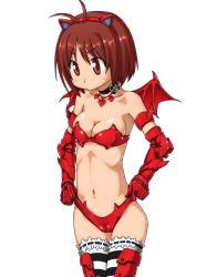 Rule 34 | 00s, 1girl, :&gt;, antenna hair, bare shoulders, bikini, blush stickers, breasts, brown eyes, brown hair, cameltoe, choker, cleavage, cleft of venus, elbow gloves, female focus, gloves, hairband, heart, hidaka ai, idolmaster, idolmaster dearly stars, navel, nightmare blood, short hair, simple background, small breasts, solo, striped clothes, striped thighhighs, swimsuit, thighhighs, ttomm, white background, wings