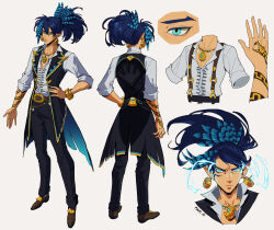 Rule 34 | 1boy, absurdres, arm tattoo, belt, belt buckle, black vest, blue eyes, blue hair, buckle, character sheet, earrings, feather hair ornament, feathers, frown, glowing, glowing eyes, hair ornament, highres, jewelry, male focus, necklace, original, pikat, pointy ears, ponytail, serious, sleeves rolled up, tattoo, vest