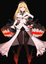 Rule 34 | 10s, 1girl, absurdres, abyssal ship, alternate costume, alternate eye color, ascot, atago (kancolle), bad id, bad pixiv id, beret, black background, black gloves, black pantyhose, blonde hair, breasts, buttons, cleavage, dark persona, dress, female focus, fire, frilled sleeves, frills, full body, fur trim, gloves, hat, highres, kantai collection, large breasts, legs apart, long hair, long sleeves, nero (nilu), orange eyes, pantyhose, shade, shoes, simple background, smirk, solo, swept bangs, white dress