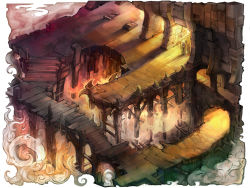 Rule 34 | bridge, dungeon, fantasy, fog, highres, kazeco, shadow, smoke, staff, standing