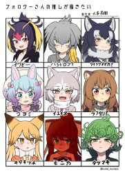 Rule 34 | 6+girls, :/, :3, :d, animal ear fluff, animal ears, black hair, blonde hair, blue eyes, blue hair, braid, brown hair, character name, character request, chart, collar, commentary, copyright request, dog (mixed breed) (kemono friends), dog ears, doki doki literature club, extra ears, ezo red fox (kemono friends), fangs, flipped hair, followers favorite challenge, fox ears, frown, fur collar, gradient hair, green eyes, green hair, grey hair, grey wolf (kemono friends), headphones, heterochromia, highres, kemono friends, long hair, looking at viewer, metal collar, monika (doki doki literature club), multicolored hair, multiple drawing challenge, multiple girls, one-punch man, oogushi aritomo, open mouth, own hands clasped, own hands together, ponytail, purple hair, raccoon ears, raccoon girl, raphtalia, red eyes, red hair, rockhopper penguin (kemono friends), shoebill (kemono friends), short hair, simple background, single sidelock, smile, tate no yuusha no nariagari, tatsumaki, twin braids, twitter username, two-tone hair, white background, white hair, wolf ears, yellow eyes