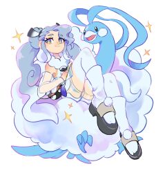 Rule 34 | 1girl, altaria, creatures (company), detached sleeves, flying miku (project voltage), game freak, gen 3 pokemon, grey hair, hatsune miku, highres, long hair, multicolored hair, nintendo, oe (yamifuti), poke ball, poke ball (basic), pokemon, pokemon (creature), pom pom (clothes), project voltage, see-through, see-through sleeves, shirt, shoes, short shorts, shorts, simple background, sitting, smile, sparkle, twintails, very long hair, vocaloid, white background, white hair, white shirt